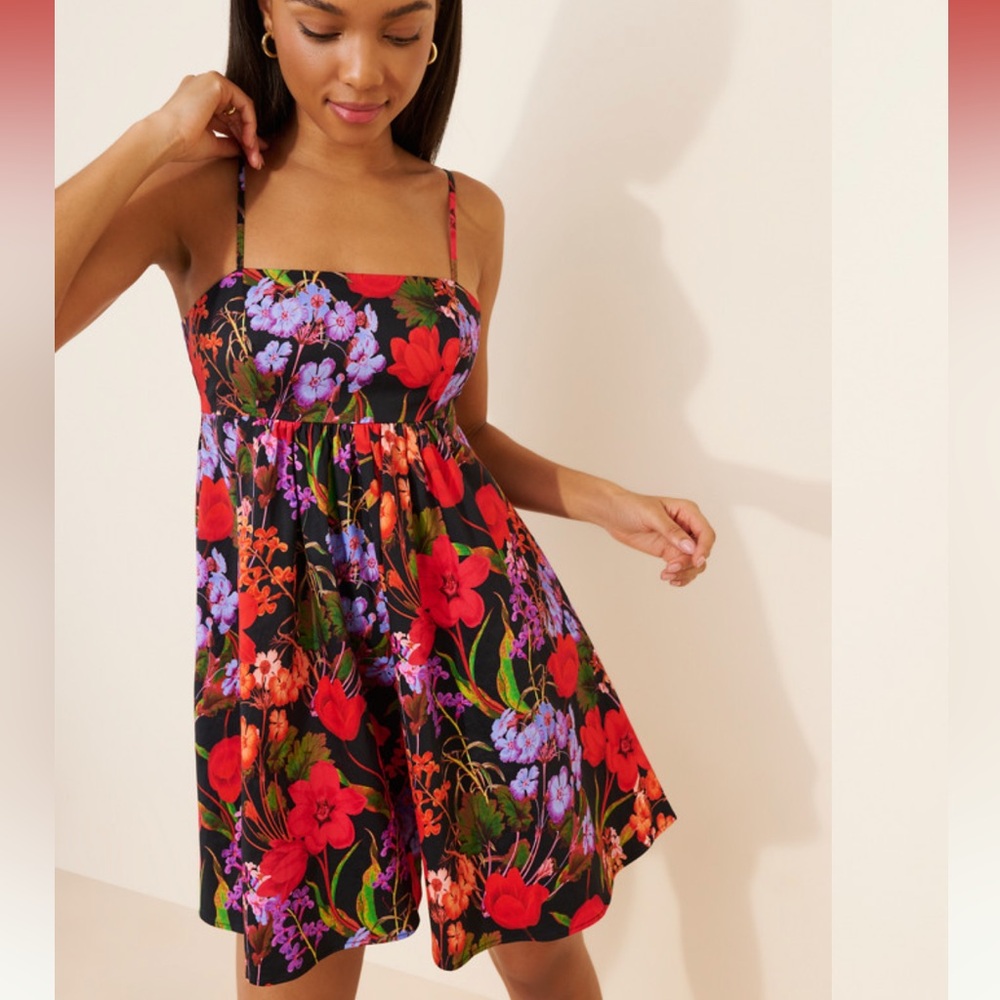 Nwot Hutch Floral Romper in Black with Red & Purple Blooms